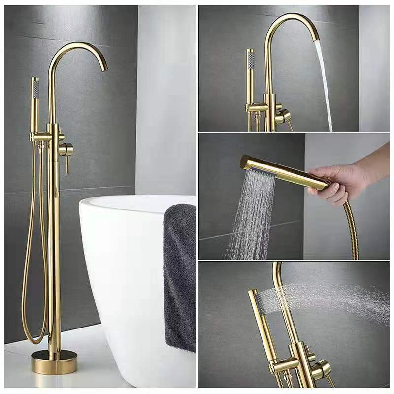 Floor Mount Bathtub Faucet Freestanding Tub Standing Shower Faucets with Handheld Shower Mixer Taps,Brand-MIZMO,Color-Golden Shine