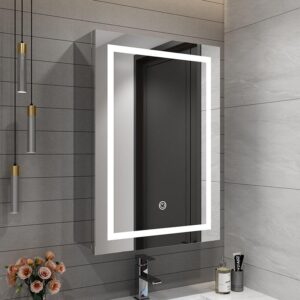 Stainless Steel Mirror Cabinet with LED Light and Feather Touch Smart Switch (Chrome, 20x14 Inch)
