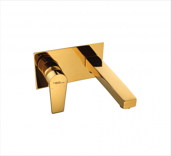 EXPOSED PART KIT OF SINGLE LEVER BASIN MIXER WALL MOUNTED CONSISTING OF OPERATING LEVER, WALL FLANGE & SPOUT IN GOLD -by Hindware Italian Collection,Hues -F360017PGD