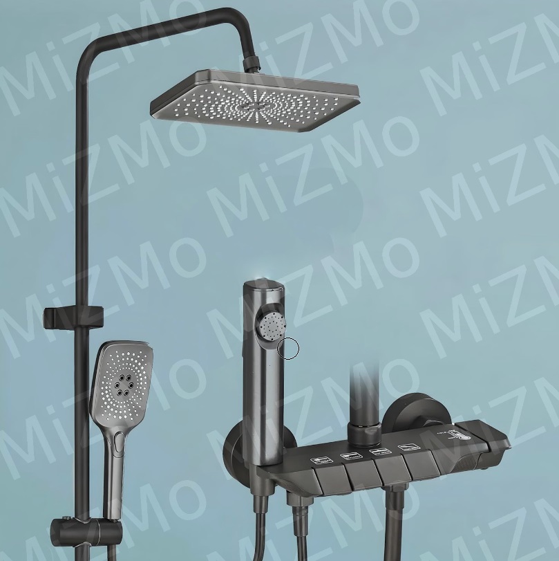 MiZMo Luxury Black Matte Rainfall Shower Panel Set: Stainless Steel, Thermostatic Mixer, Multi-Function Handheld & Body Spray, Easy Install (Black 3)