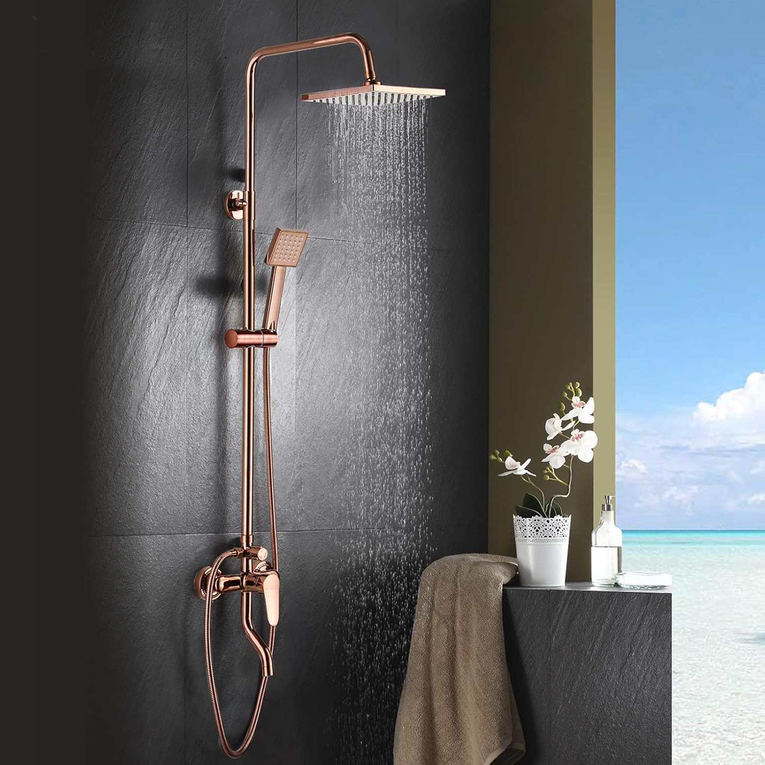 Rose Gold Shower System Wall Mounted Rainfall Shower Head System, Bathroom Luxury Rain Mixer Shower Combo Set with 3-Setting Handheld Rain Shower head