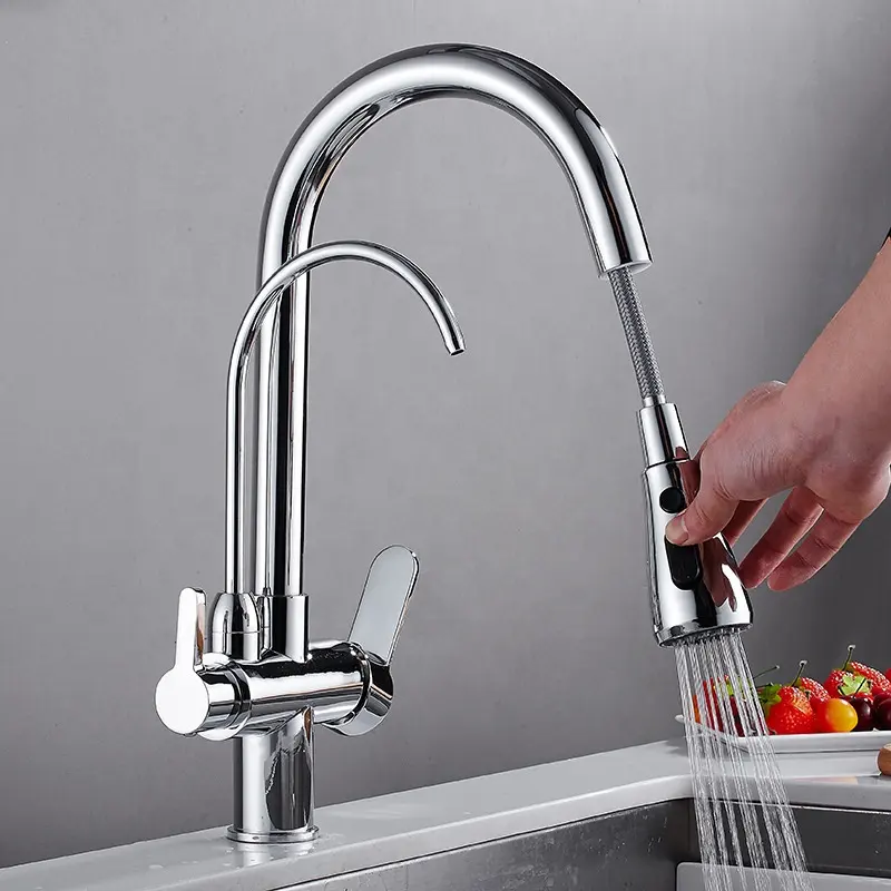 MizMO Kitchen Tap Faucet with Drinking Water Faucet, 3 in 1 Water Filter Purifier Faucet 2 Handles with Pull Down Sprayer, Chrome