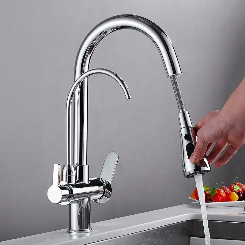 MizMO Kitchen Tap Faucet with Drinking Water Faucet, 3 in 1 Water Filter Purifier Faucet 2 Handles with Pull Down Sprayer, Chrome