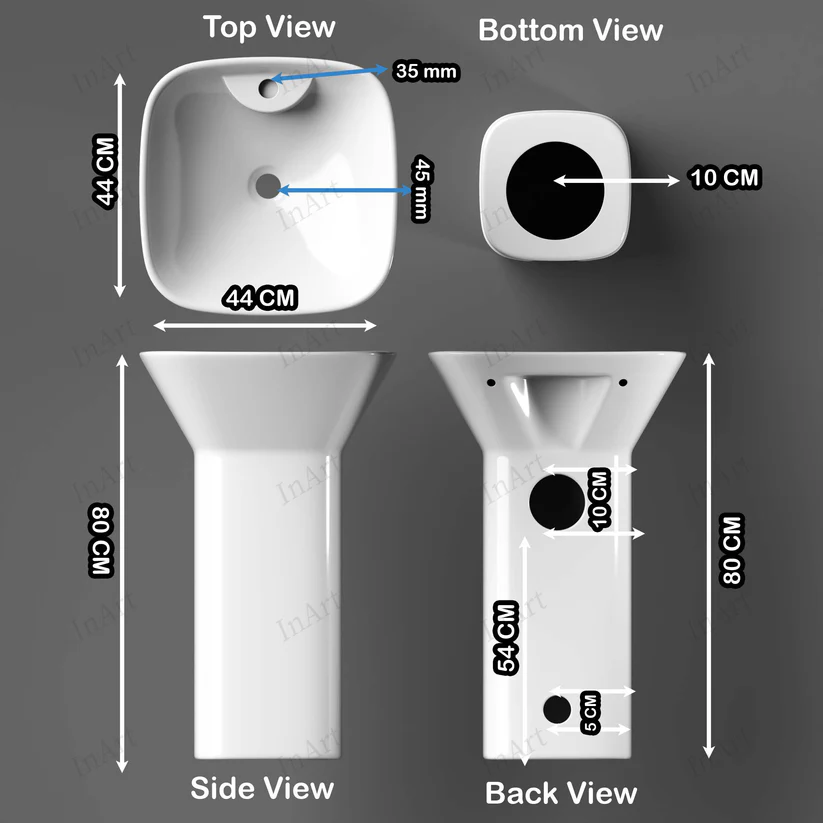 Mizmo ceramic Pedestal Free Standing Wash Basin – Square Design, One Piece Basin for Bathroom or Living Room, 17 x 17 x 32 Inches, White PW045
