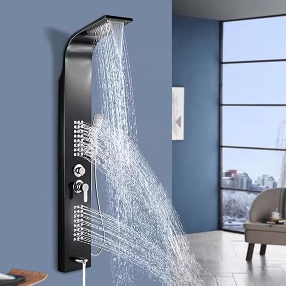 MizMo SS304 Black 6-in-1 Shower Panel with Digital Temperature Display | Rainfall + Body Jets + Hand Shower | Wall Mounted – Model 8001