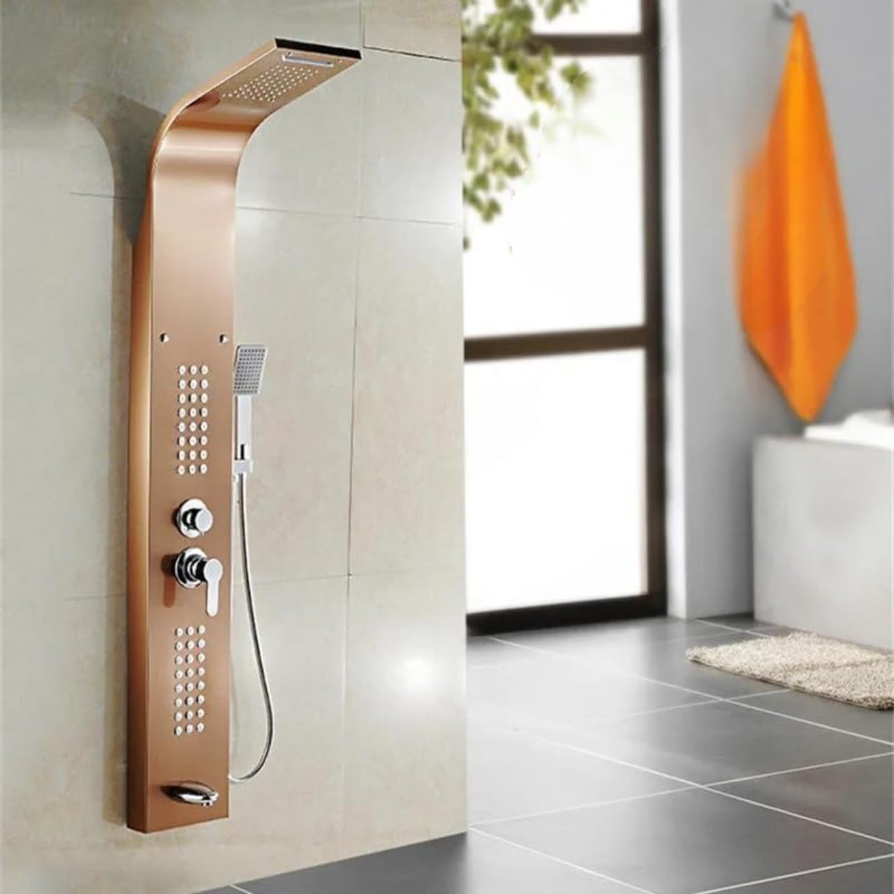 MizMo SS304 Rose Gold 6-in-1 Shower Panel with Digital Temperature Display | Rainfall + Body Jets + Hand Shower | Wall Mounted – Model 8001
