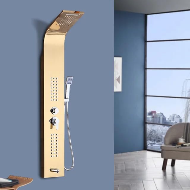MizMo SS304 Gold 6-in-1 Shower Panel with Digital Temperature Display | Rainfall + Body Jets + Hand Shower | Wall Mounted – Model 8001