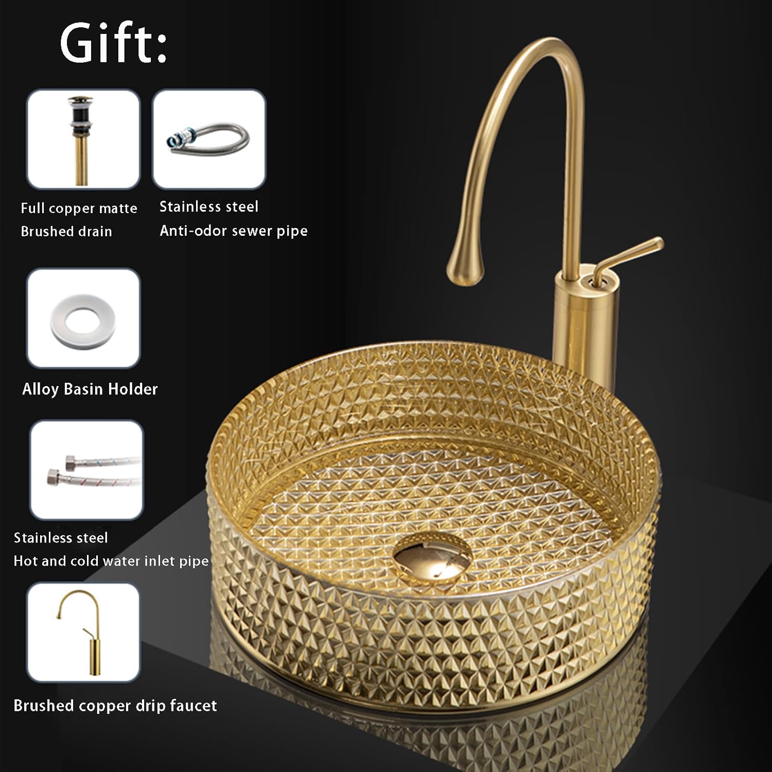 MizMo Elegant Tempered Glass Countertop Wash Basin – 400×400×125 mm Designer Crystal Bowl, Golden , BEGB-207