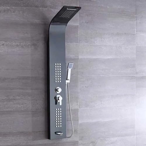 MizMo SS304 Black 6-in-1 Shower Panel with Digital Temperature Display | Rainfall + Body Jets + Hand Shower | Wall Mounted – Model 8001