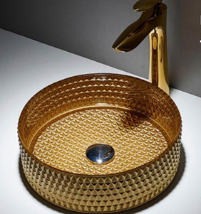 MizMo Elegant Tempered Glass Countertop Wash Basin – 400×400×125 mm Designer Crystal Bowl, Golden , BEGB-207